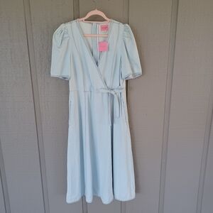 Kate Spade Denim Wrap Dress Size 14 Women Preppy Cotton Short Sleeve Pockets